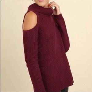 Cold shoulder turtle neck knit sweater